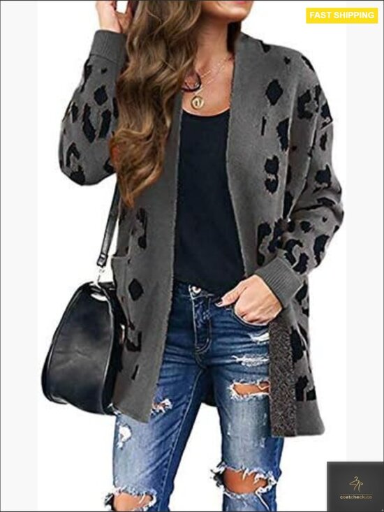 Sweaters - Open Front Leopard Print Knitted Cardigan Oversized Long Sleeve V-Neck Winter